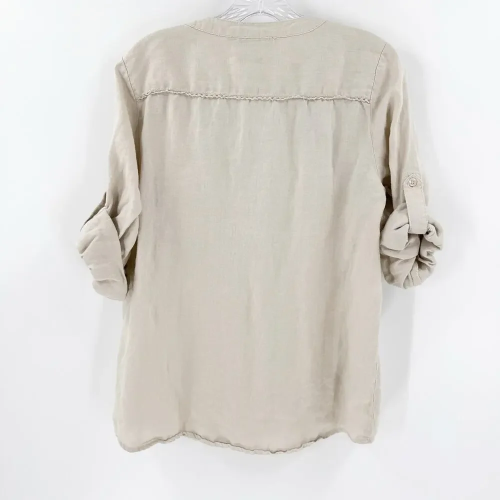 Harve Bernard 100% Linen Blouse Beige Minimalist Button Front Sz L - Picture 3 of 7